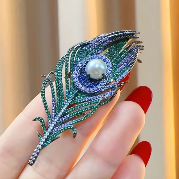Anthropologie Jewelry - Royal Peacock Feather Crystal Brooch